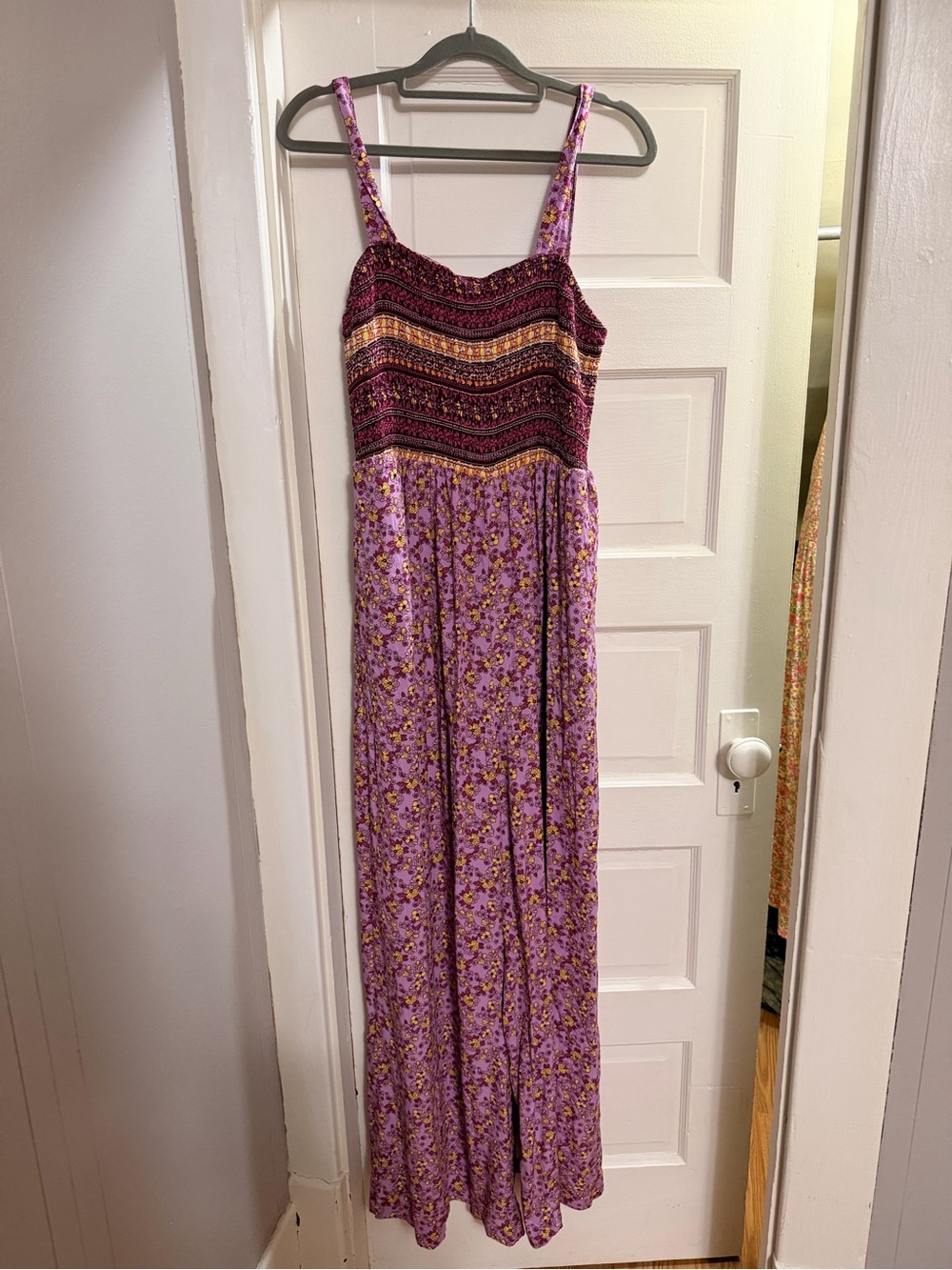 Amazon Purple Floral Maxi Jumpsuit with Multicolor Smocked Bodice